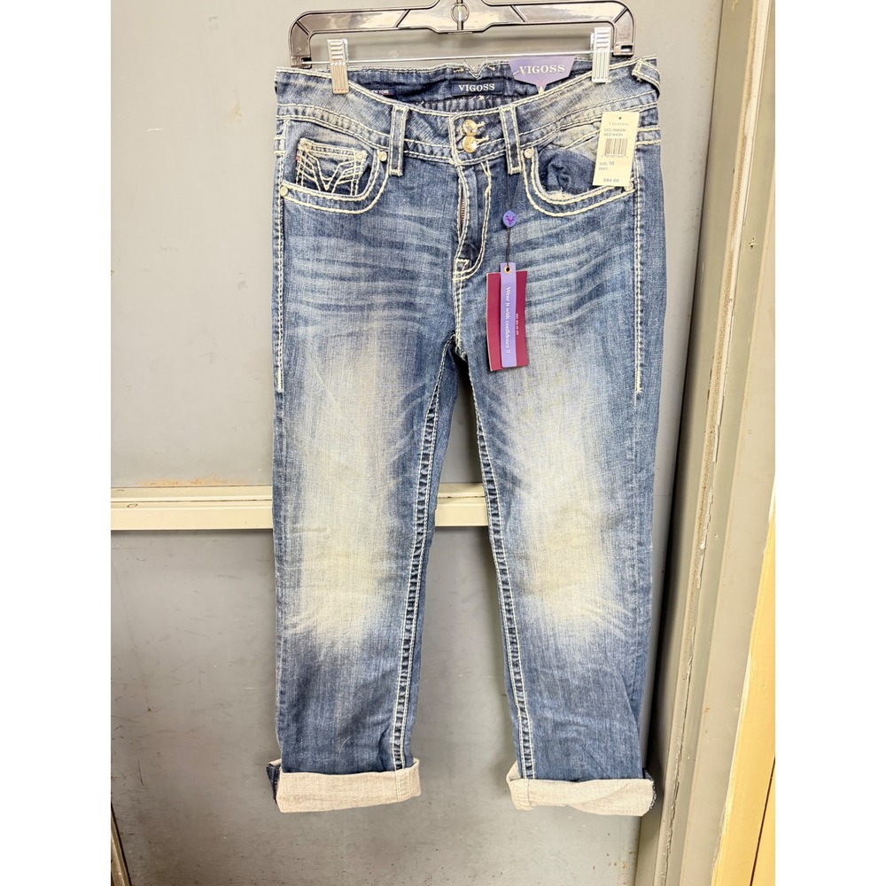 Vigoss New York Straight Leg Jeans Med Wash Contrast Stitch Size 10 VCC-P6802M